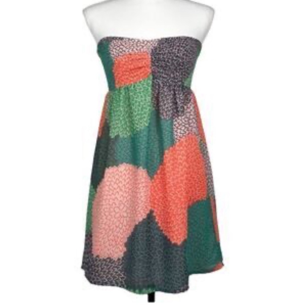 Roxy Strapless Patchwork Coral Green Pink Dress